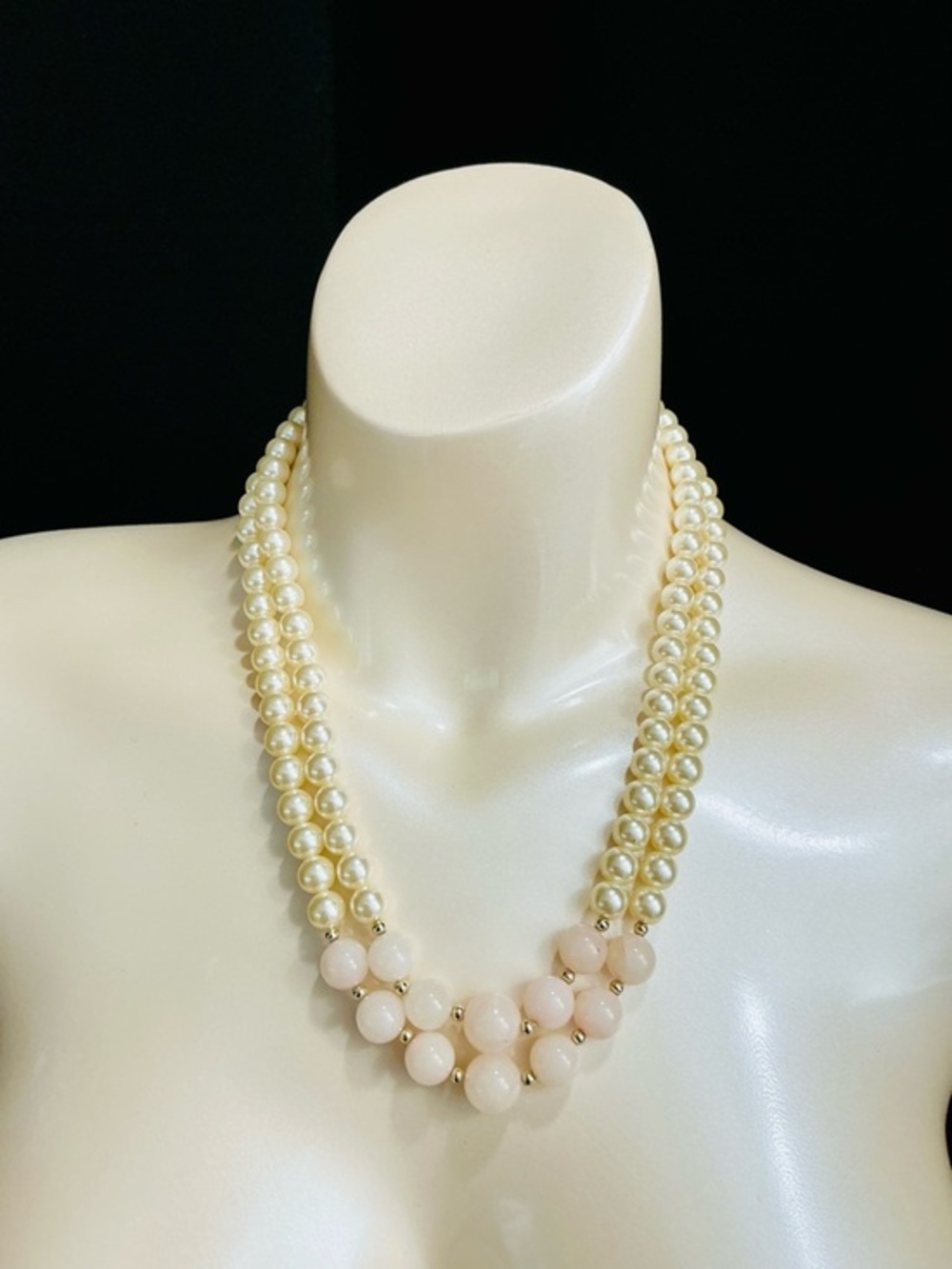 Everyday Elegant CRM Pearl Double-Strand Necklace with Rose Quartz Beads Cluster